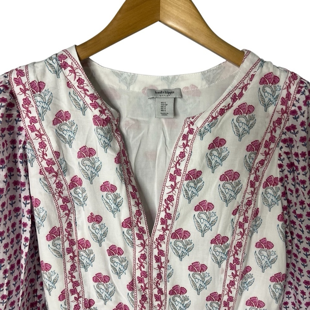 Haute Hippie Floral Long Sleeve Mini Dress Size Small White Pink Boho Cottage - Picture 2 of 6